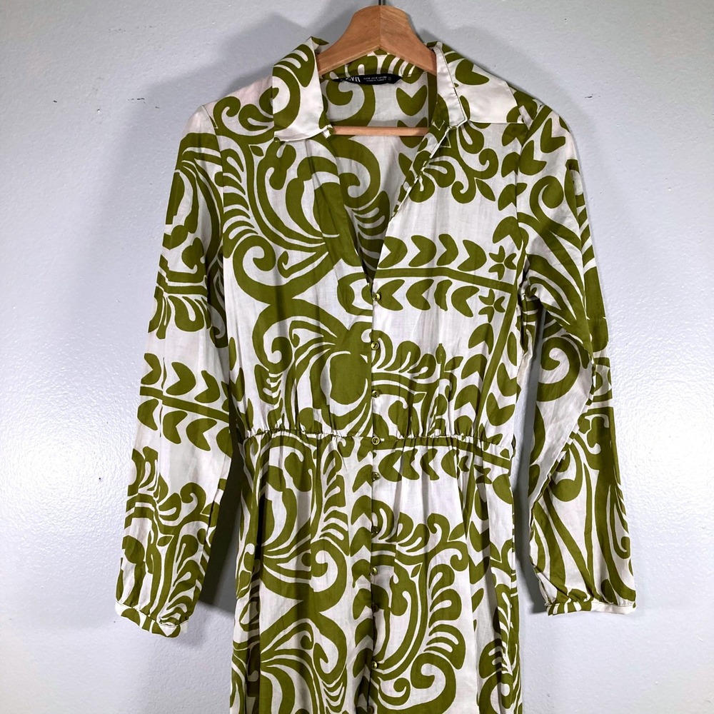 Zara Womens S Olive Green White Scroll Print Cotton Button Down Small